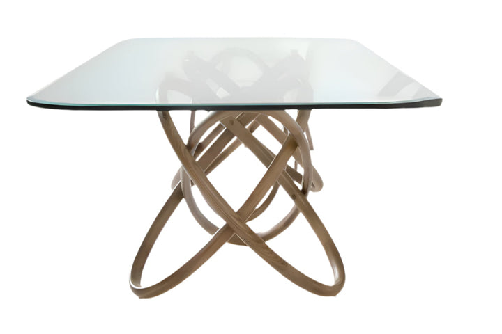 Léandre 94" Clear Glass Dining Table with Solid Brown Wood Pedestal Base