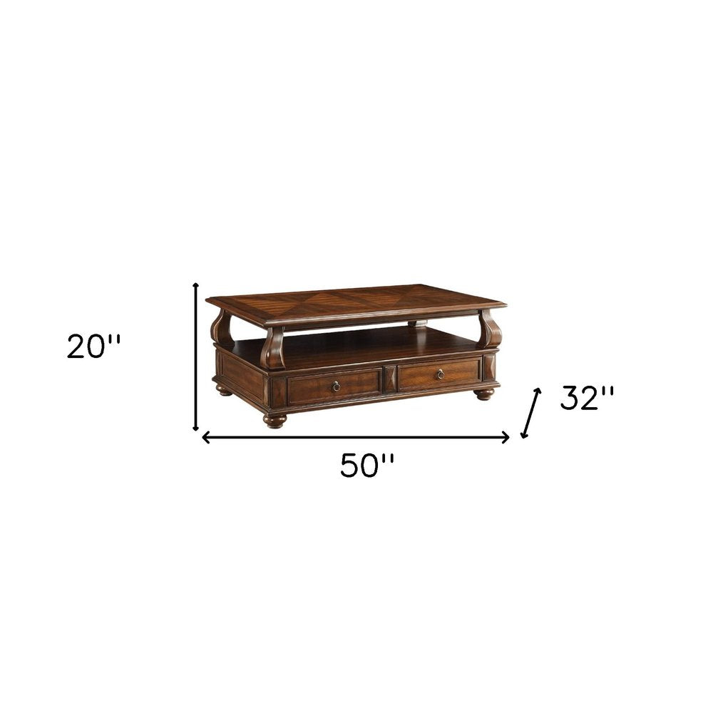Hamilton 50" Dark Brown Solid Wood Coffee Table with Drawers and Shelf
