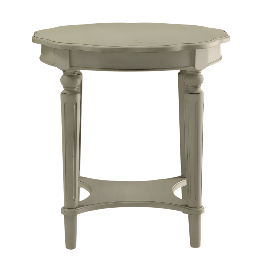 24" Light Slate Gray Solid Wood Floral-Inspired Round Side Table with Shelf