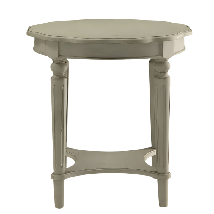 24" Light Slate Gray Solid Wood Floral-Inspired Round Side Table with Shelf