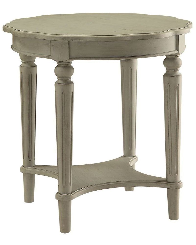 24" Light Slate Gray Solid Wood Floral-Inspired Round Side Table with Shelf