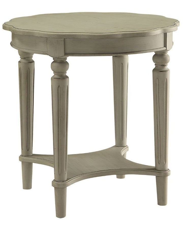 24" Light Slate Gray Solid Wood Floral-Inspired Round Side Table with Shelf