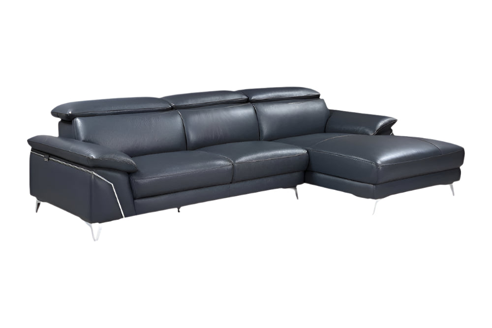 Monarch Navy Italian Leather 2-Piece Sectional Sofa with Chaise and Silver Metal Legs