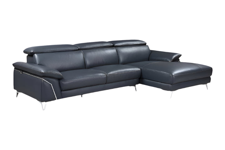 Monarch Navy Italian Leather 2-Piece Sectional Sofa with Chaise and Silver Metal Legs