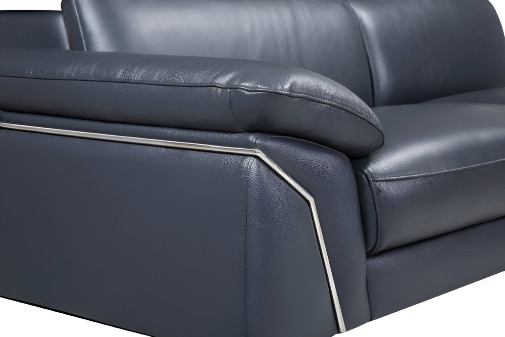 Monarch Navy Italian Leather 2-Piece Sectional Sofa with Chaise and Silver Metal Legs