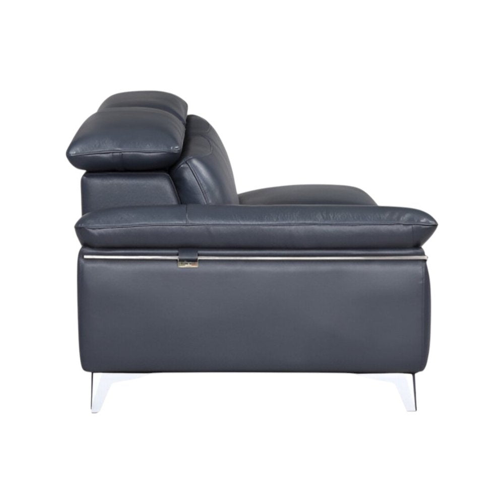 Monarch Navy Italian Leather 2-Piece Sectional Sofa with Chaise and Silver Metal Legs