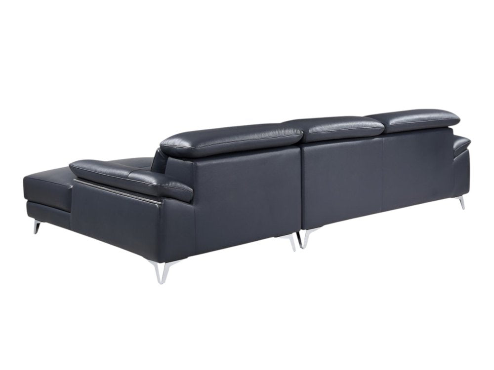 Monarch Navy Italian Leather 2-Piece Sectional Sofa with Chaise and Silver Metal Legs
