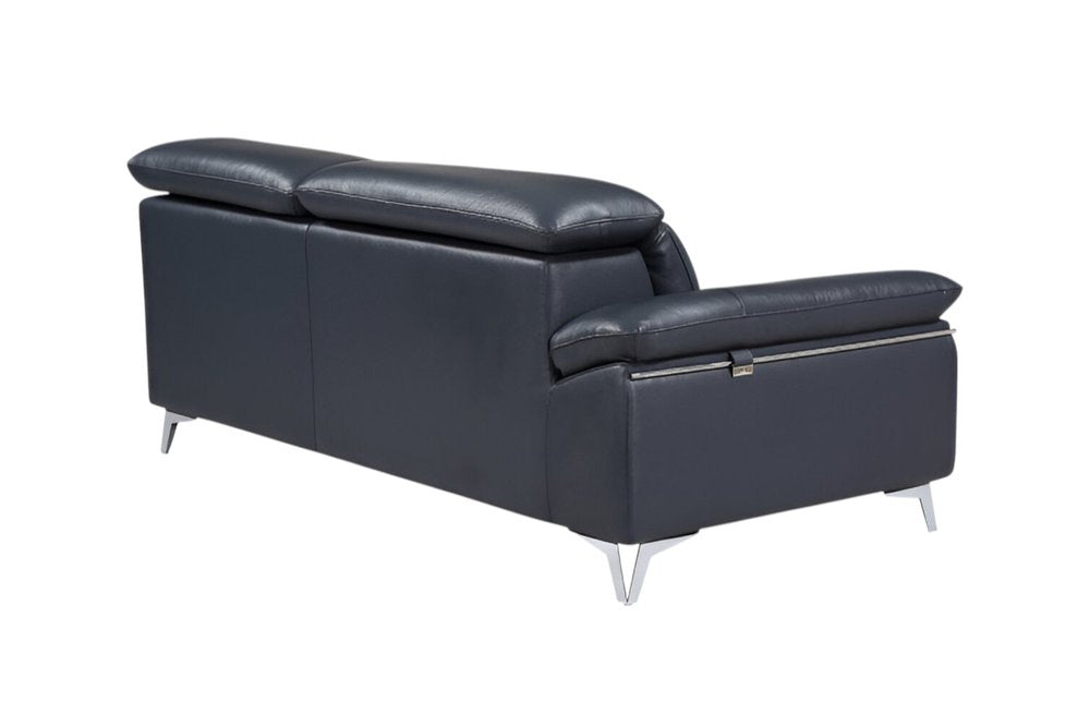 Monarch Navy Italian Leather 2-Piece Sectional Sofa with Chaise and Silver Metal Legs