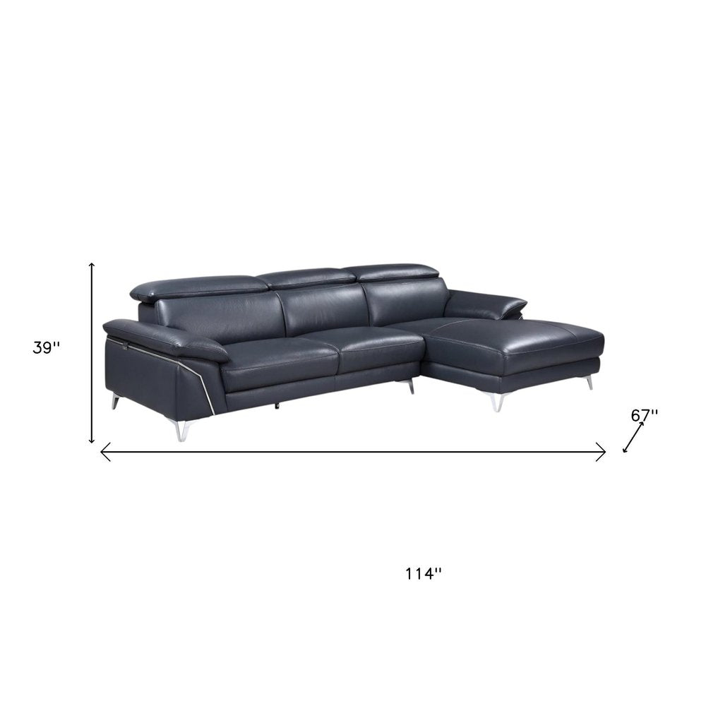 Monarch Navy Italian Leather 2-Piece Sectional Sofa with Chaise and Silver Metal Legs
