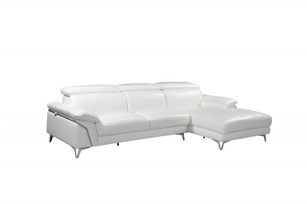 Opulence White Italian Leather Left-Facing Sectional Sofa with Chaise and Silver Metal Legs