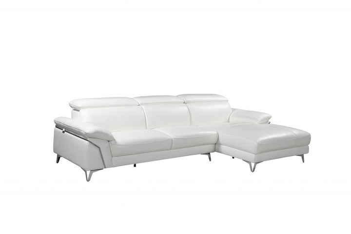 Opulence White Italian Leather Left-Facing Sectional Sofa with Chaise and Silver Metal Legs