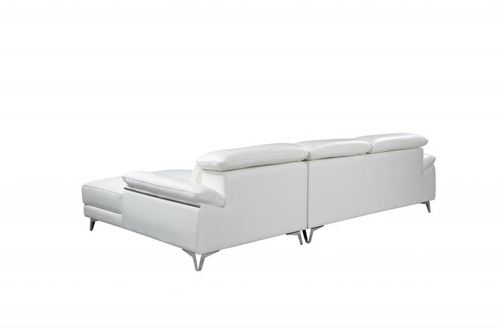 Opulence White Italian Leather Left-Facing Sectional Sofa with Chaise and Silver Metal Legs