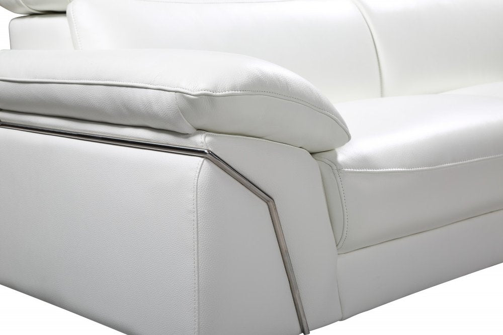 Opulence White Italian Leather Left-Facing Sectional Sofa with Chaise and Silver Metal Legs