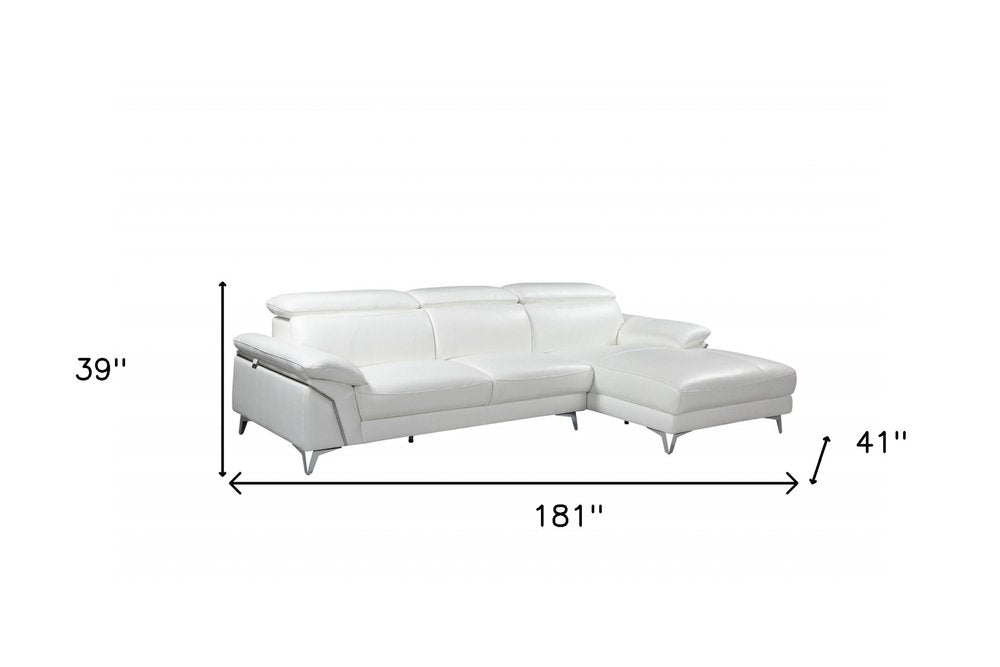 Opulence White Italian Leather Left-Facing Sectional Sofa with Chaise and Silver Metal Legs