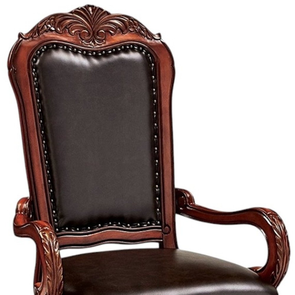 Valette 46" Brown Faux Leather Queen Anne Back Dining Arm Chairs, Set of 2