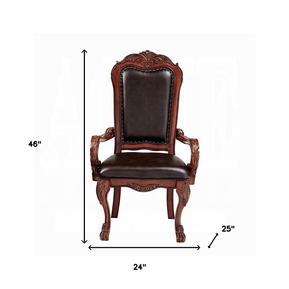 Set of 2 Windsor Brown Faux Leather Queen Anne Back Dining Arm Chairs