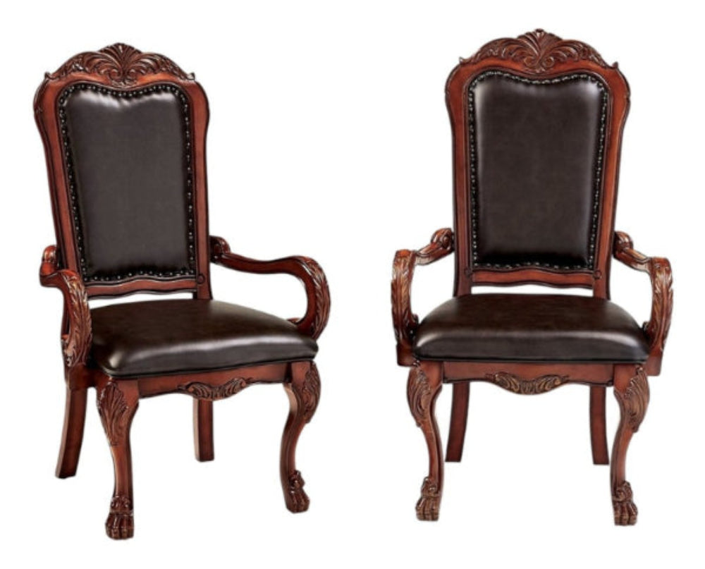 Set of 2 Windsor Brown Faux Leather Queen Anne Back Dining Arm Chairs