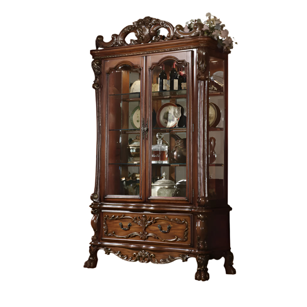 Versailles 89" Cherry Oak Wood and Glass Curio Cabinet with Carved Details