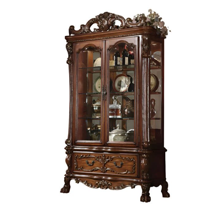 Versailles 89" Cherry Oak Wood and Glass Curio Cabinet with Carved Details