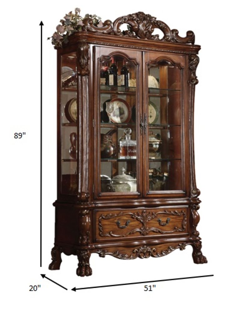 Versailles 89" Cherry Oak Wood and Glass Curio Cabinet with Carved Details