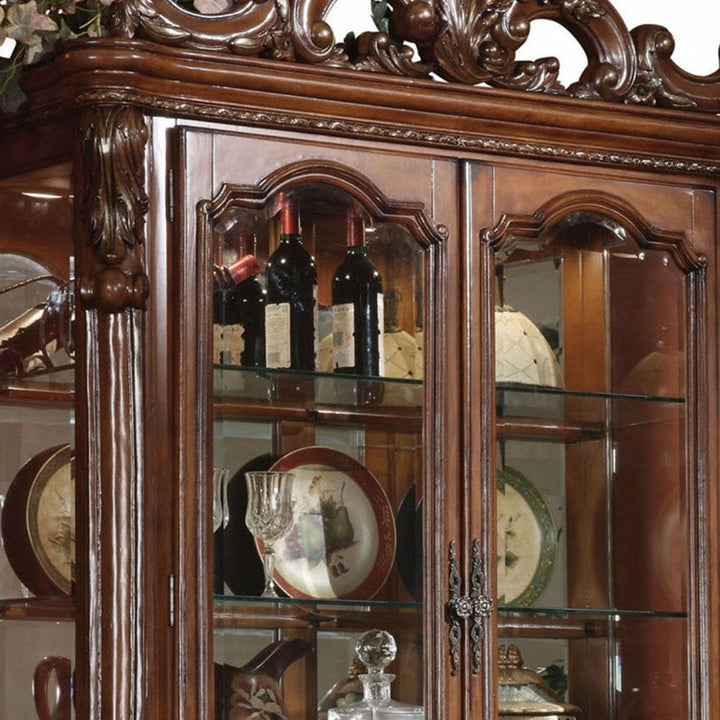 Versailles 89" Cherry Oak Wood and Glass Curio Cabinet with Carved Details