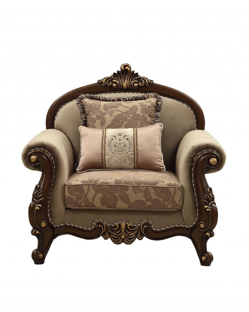 Lillian 38" Beige and Brown Velvet Floral Arm Chair with Toss Pillows