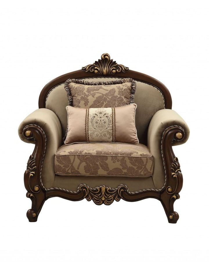 Lillian 38" Beige and Brown Velvet Floral Arm Chair with Toss Pillows
