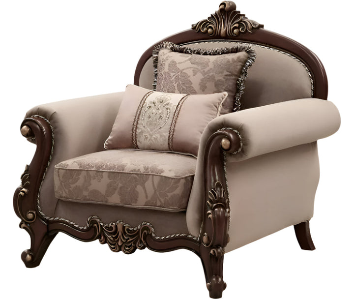 Lillian 38" Beige and Brown Velvet Floral Arm Chair with Toss Pillows