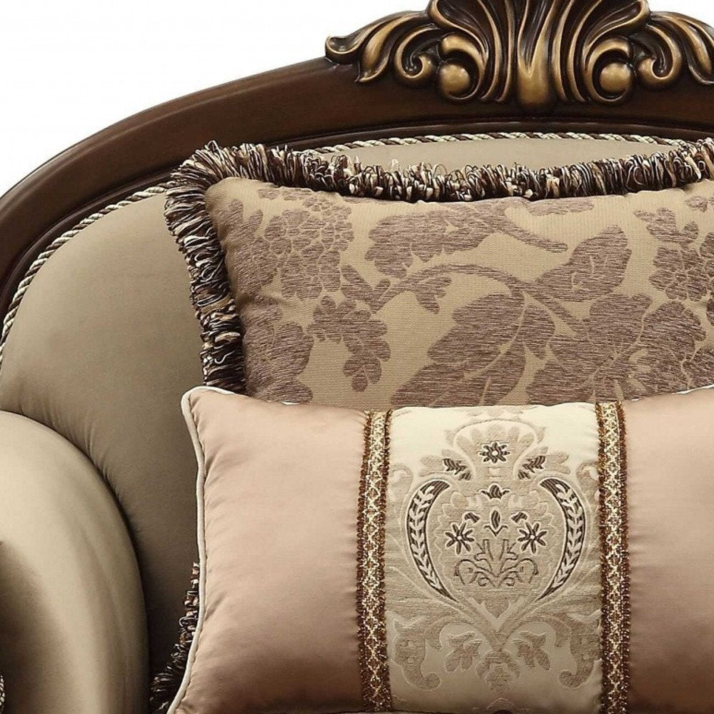 Lillian 38" Beige and Brown Velvet Floral Arm Chair with Toss Pillows