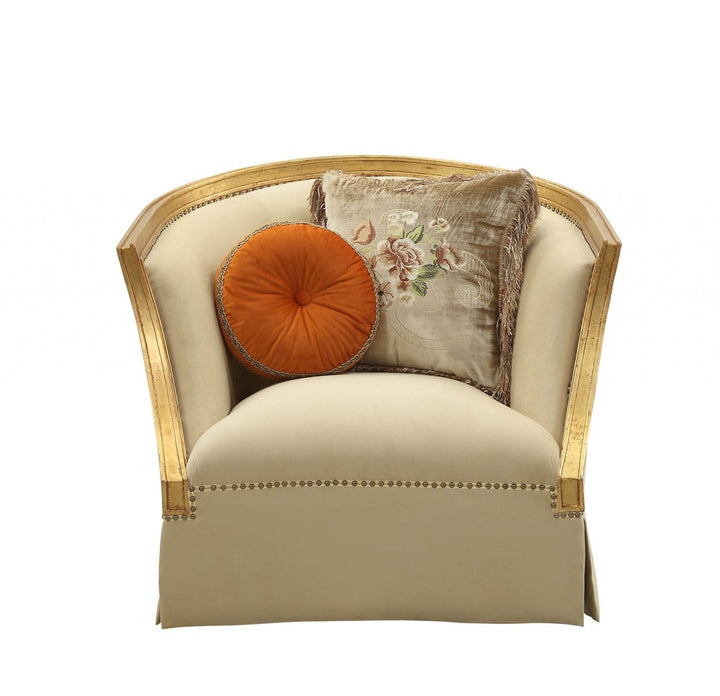 Savoy 41" Gold Upholstered Club Chair with Nailhead Trim and Toss Pillows