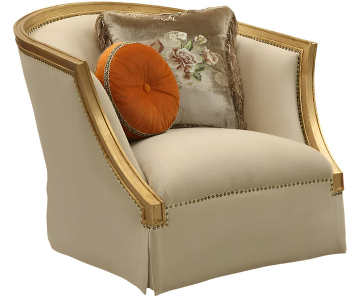 Savoy 41" Gold Upholstered Club Chair with Nailhead Trim and Toss Pillows