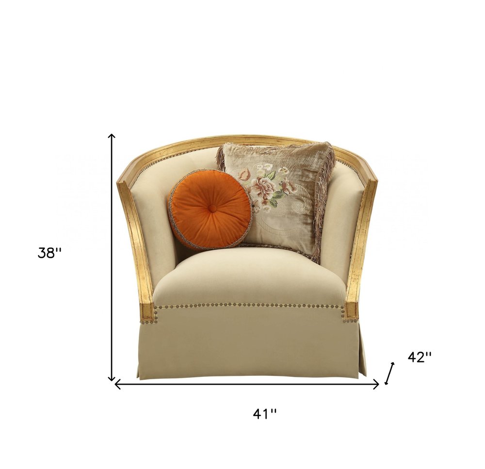 Savoy 41" Gold Upholstered Club Chair with Nailhead Trim and Toss Pillows
