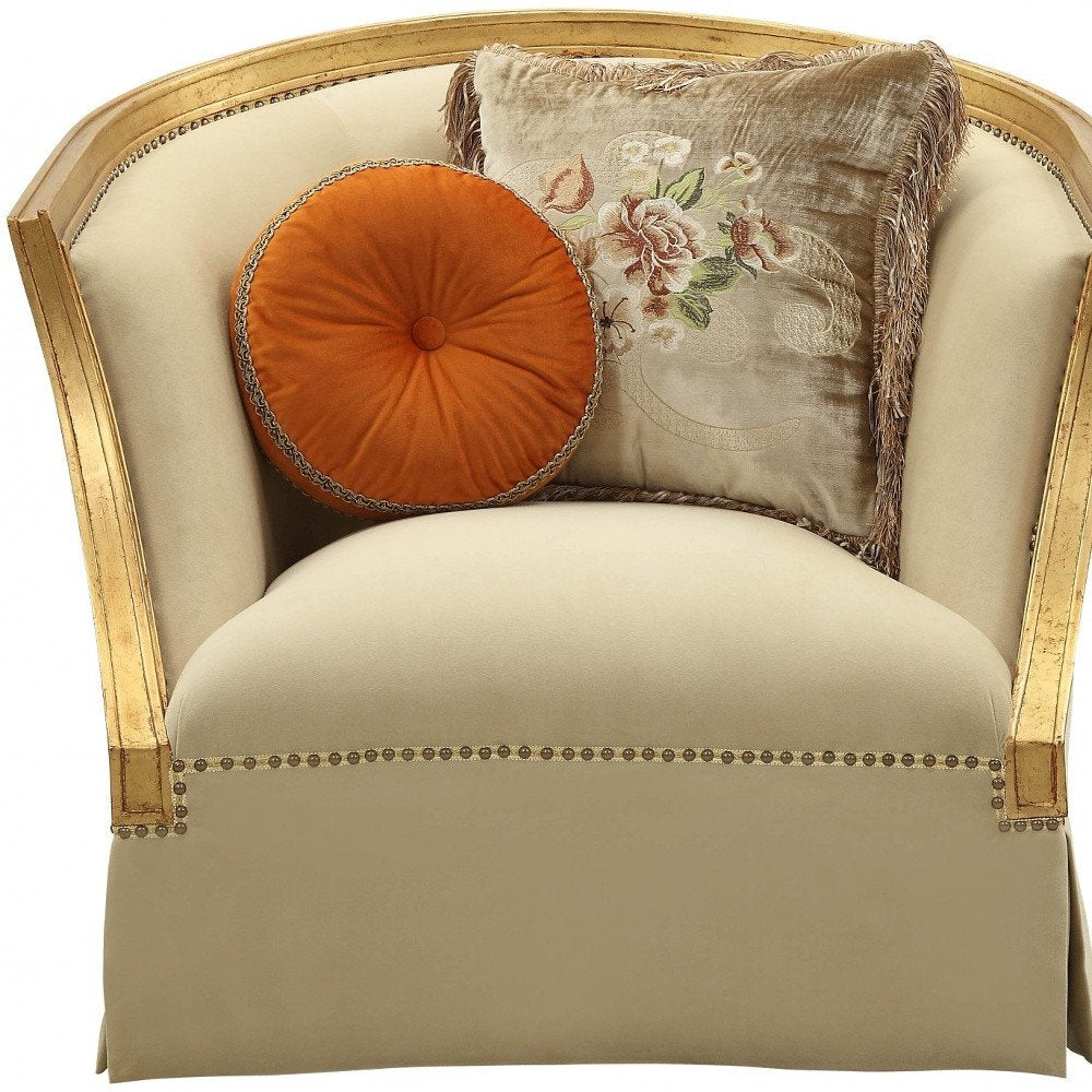 Savoy 41" Gold Upholstered Club Chair with Nailhead Trim and Toss Pillows
