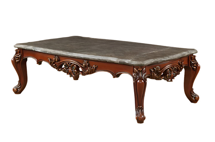 Chambord 63" Gray Genuine Marble and Brown Solid Wood Coffee Table with Queen Anne Legs
