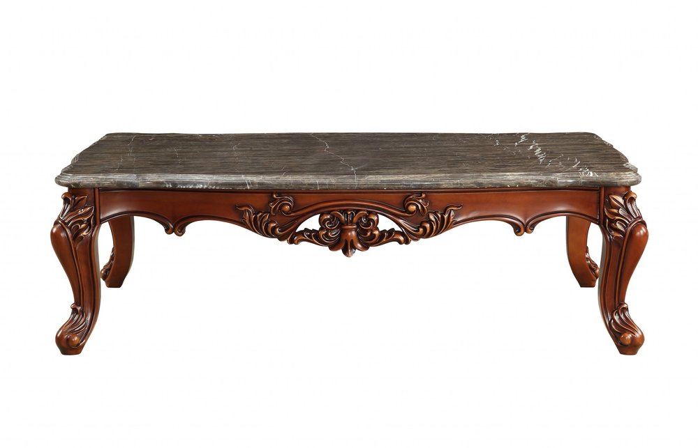 Chambord 63" Gray Genuine Marble and Brown Solid Wood Coffee Table with Queen Anne Legs