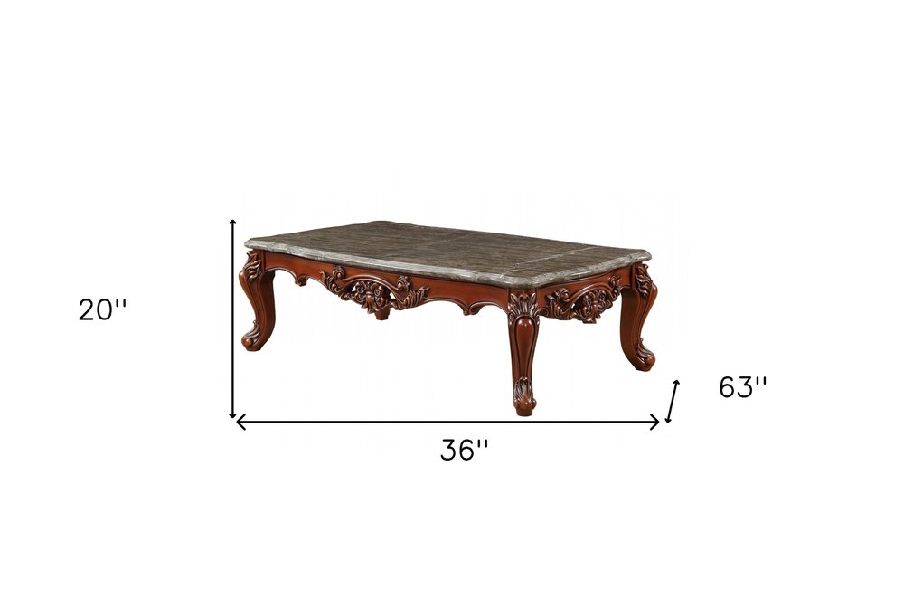Chambord 63" Gray Genuine Marble and Brown Solid Wood Coffee Table with Queen Anne Legs