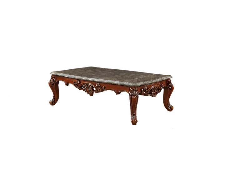 Chambord 63" Gray Genuine Marble and Brown Solid Wood Coffee Table with Queen Anne Legs