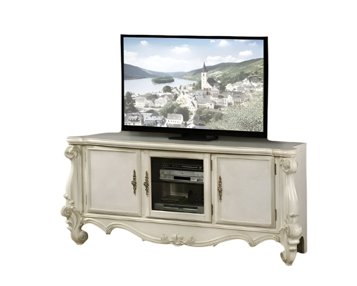 21" X 74" X 31" Bone White Wood Poly Resin Glass Tv Console