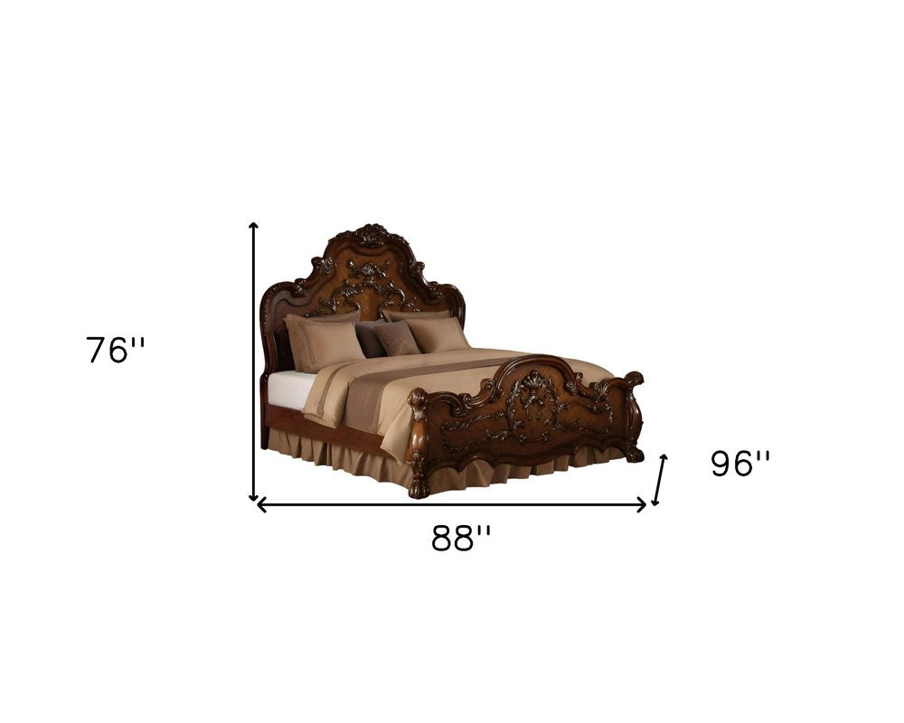 Château Duclair 96" Brown Oak California King Wood Bed with Scrollwork and Claw Feet