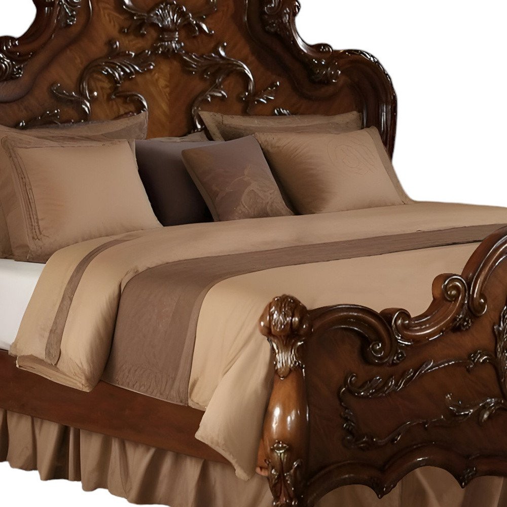 Château Duclair 96" Brown Oak California King Wood Bed with Scrollwork and Claw Feet
