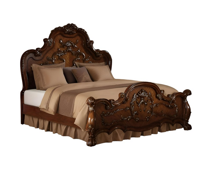 Château Duclair 96" Brown Oak California King Wood Bed with Scrollwork and Claw Feet