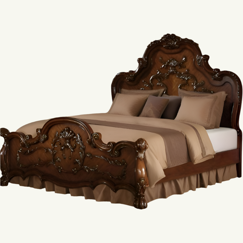 Château Duclair 96" Brown Oak California King Wood Bed with Scrollwork and Claw Feet