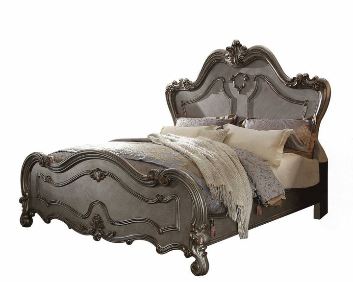 Château Évian 94" Antique Platinum Wood California Queen Bed with Scrollwork Headboard