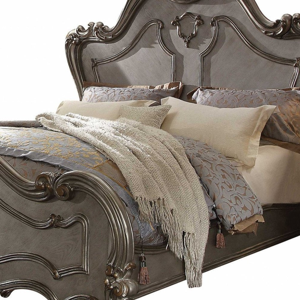 Château Évian 94" Antique Platinum Wood California Queen Bed with Scrollwork Headboard