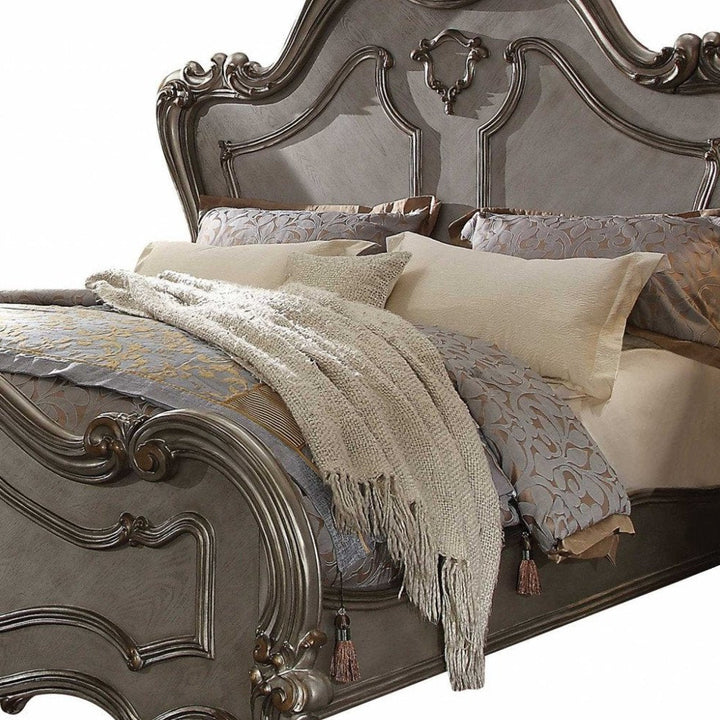 Château Évian 94" Antique Platinum Wood California Queen Bed with Scrollwork Headboard