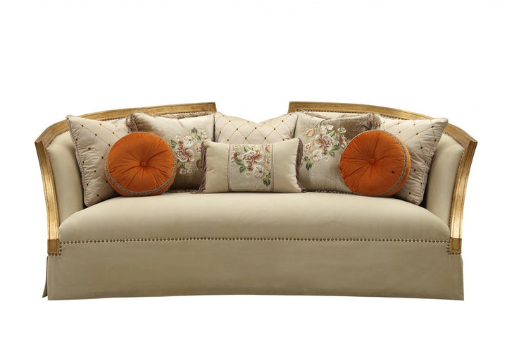 Valentina 92" Beige Velvet Curved Sofa with Nailhead Trim and Toss Pillows