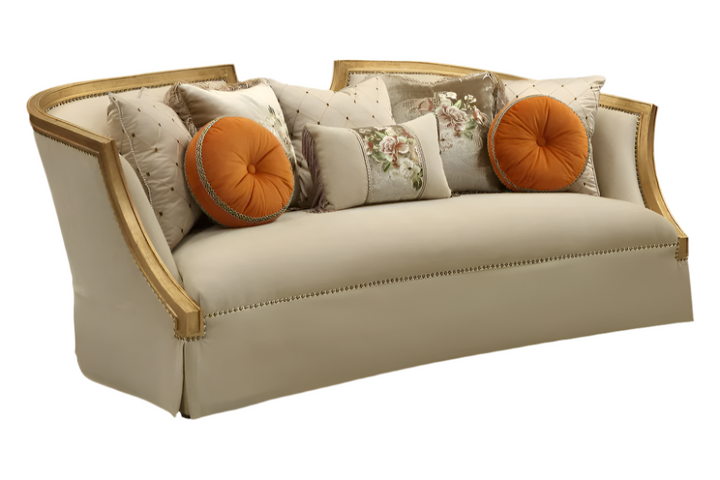 Valentina 92" Beige Velvet Curved Sofa with Nailhead Trim and Toss Pillows