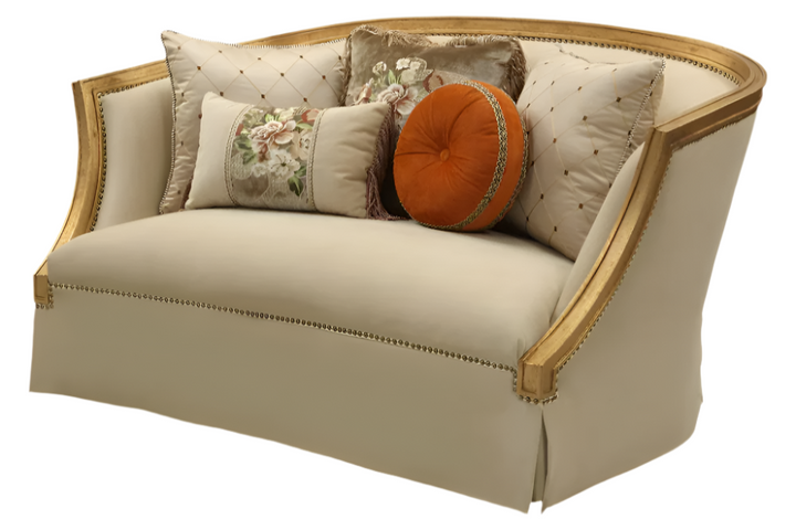 Geneviève 70" Tan Curved Loveseat with Gold Trim and Toss Pillows