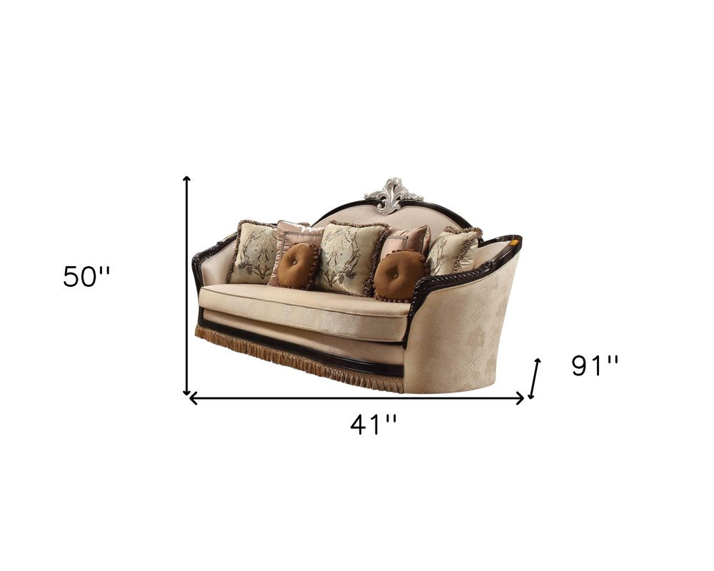 Arabelle 91" Tan Velvet Curved Sofa with Track Arms and Toss Pillows