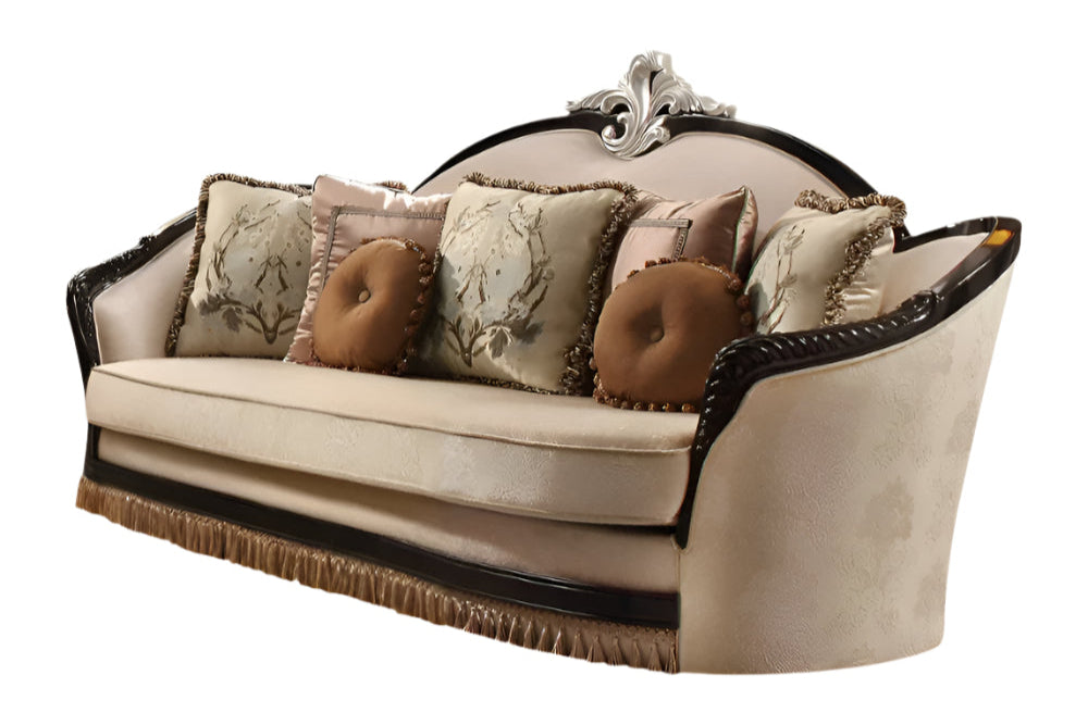 Arabelle 91" Tan Velvet Curved Sofa with Track Arms and Toss Pillows